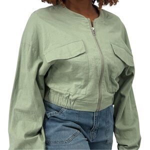 Linen Pistachio Cropped Oversized Women's Green Bomber Jacket